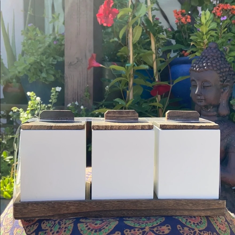 NEW Rae Dunn “ONE. TWO. THREE” 3 Piece Wooden Box Canister Set w/ Tray